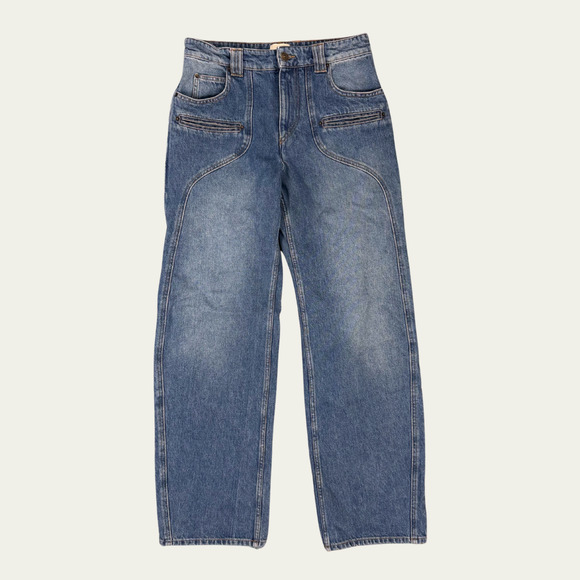 $695 ISABEL MARANT BETIANE JEANS size 40 Wide Leg Zip Fly Unique Stitching Logo - Picture 5 of 11